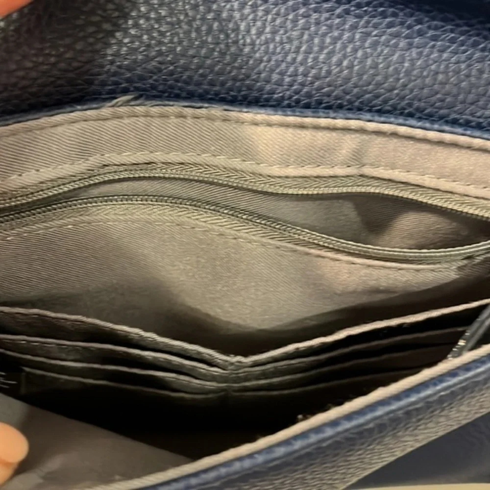 Perlina New York Navy Blue Pebbled Leather‎ Crossbody Silver Hardware Organizer